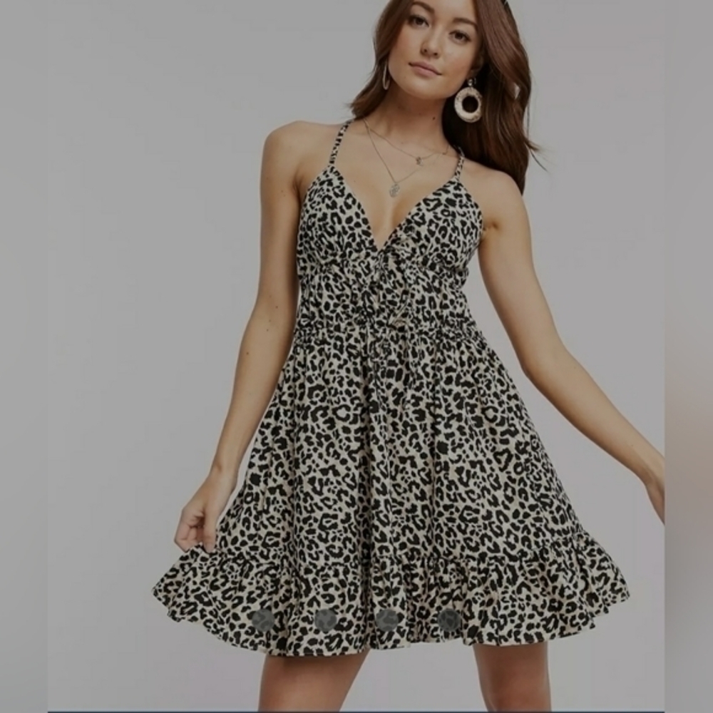 ASOS Desing Cotton Poplin Plunge  Cami Cross Back Leopard Print Sundress
